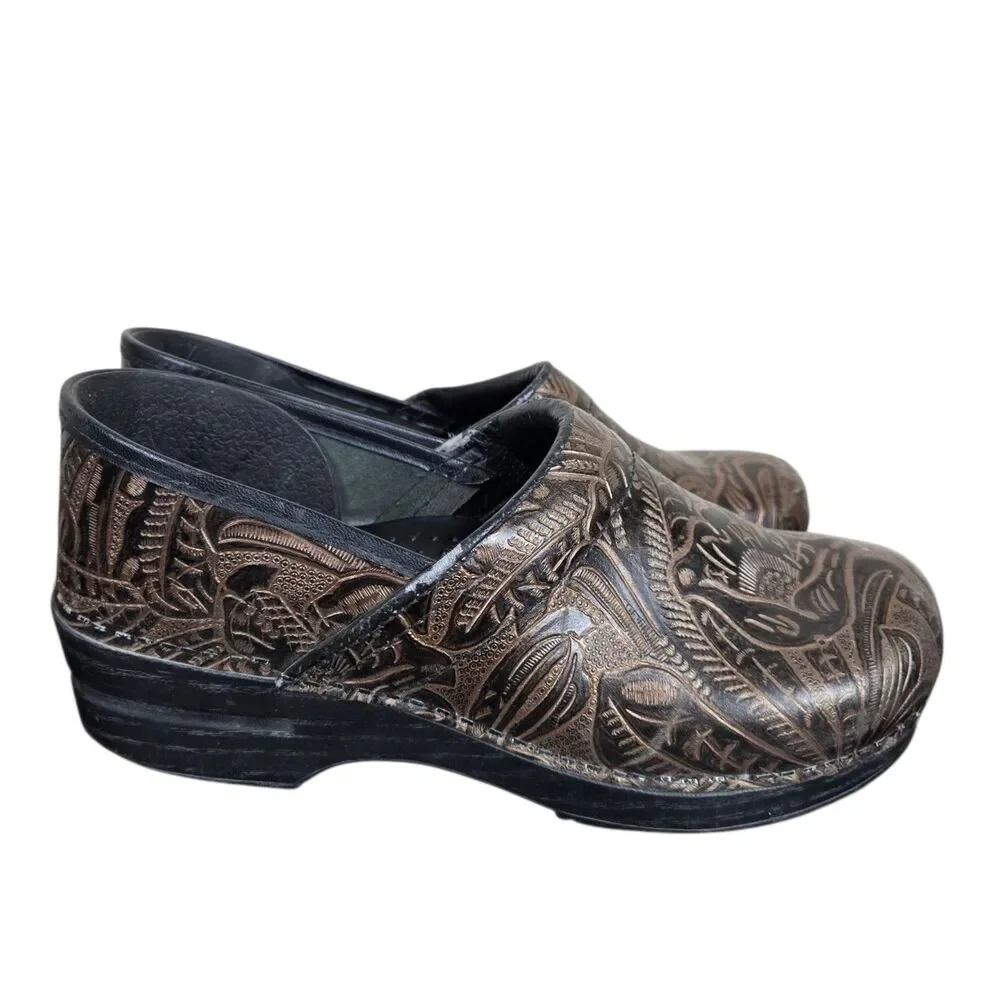 Dansko Floral Tooled Clogs Sz 41 US 10.5 - 11 Brown Leather Comfort
